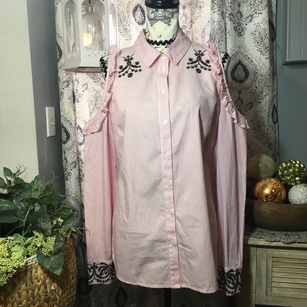 Nanette - button front pink white striped cold shoulder blouse